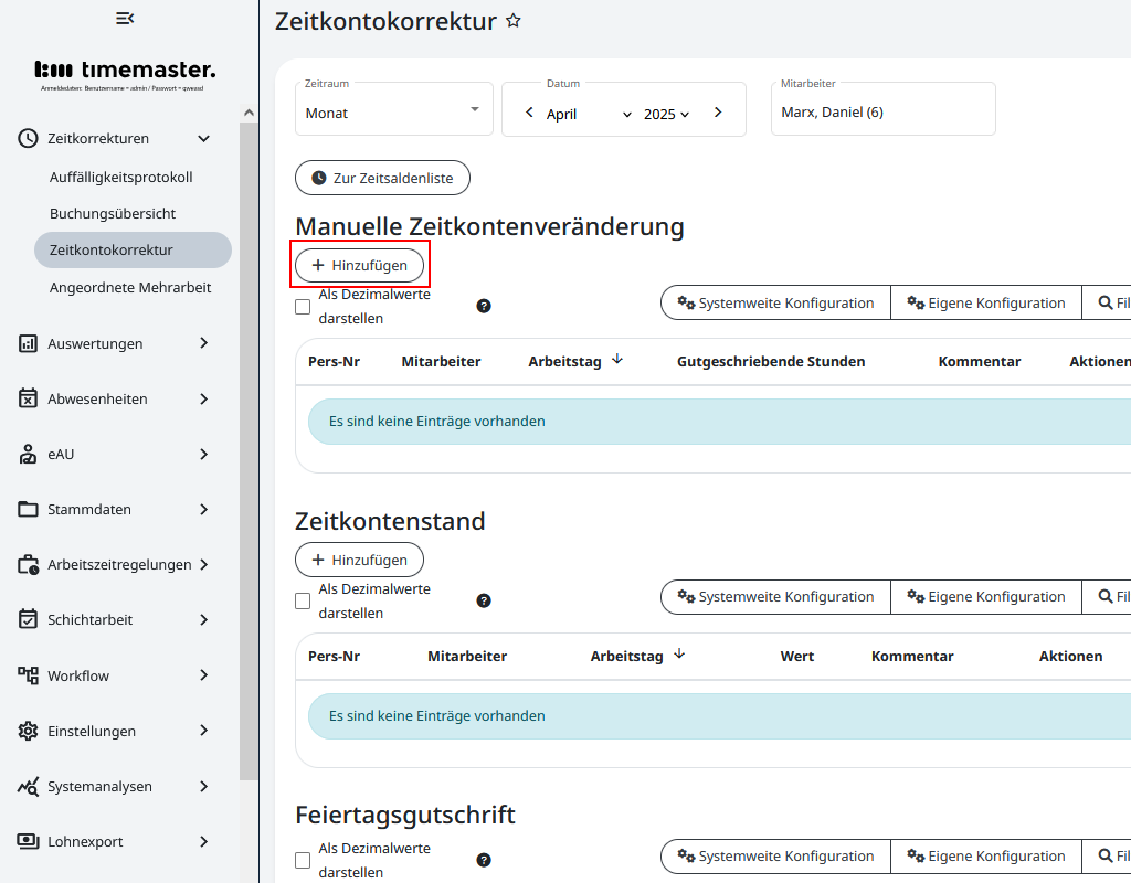 Hinterlegen einer Zeitkontokorrektur