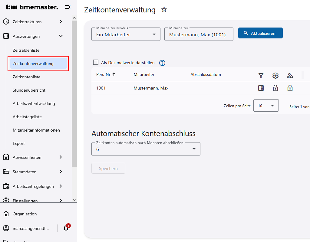 Aufruf der Zeitkontenverwaltung
