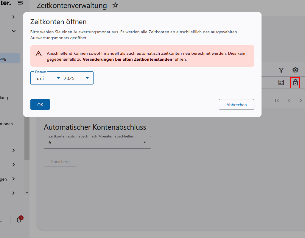 Auswahl des zu öffnenden Monats